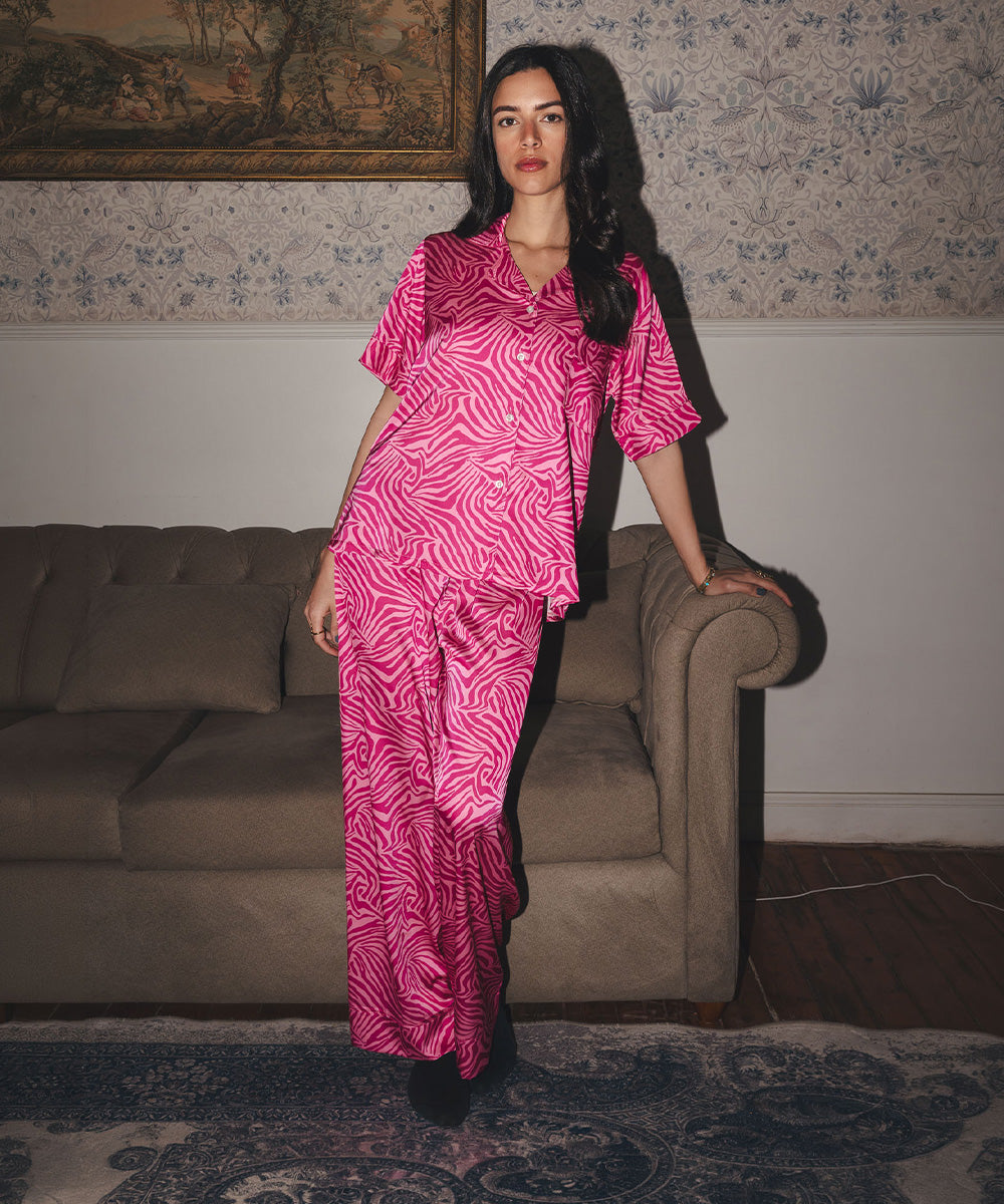 Pinky Zebra Satin PJ Pants Half-Sleeve Main image