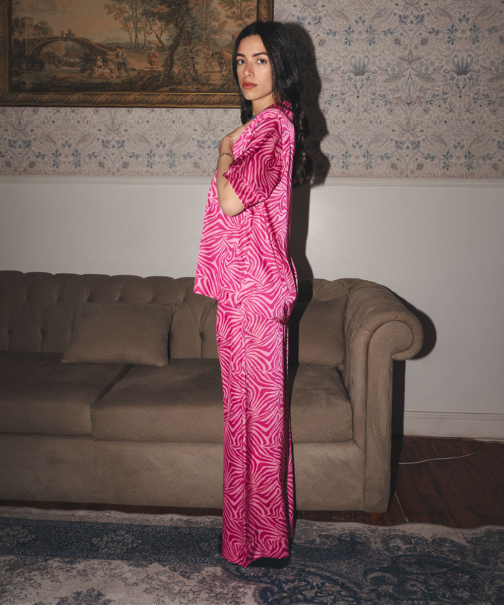 Pinky Zebra Satin PJ Pants Half-Sleeve
