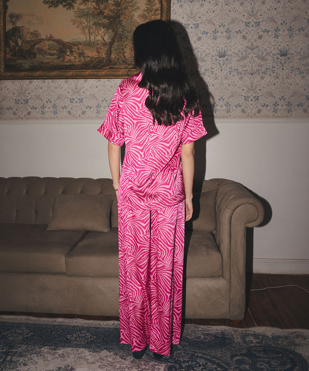 Pinky Zebra Satin PJ Pants Half-Sleeve