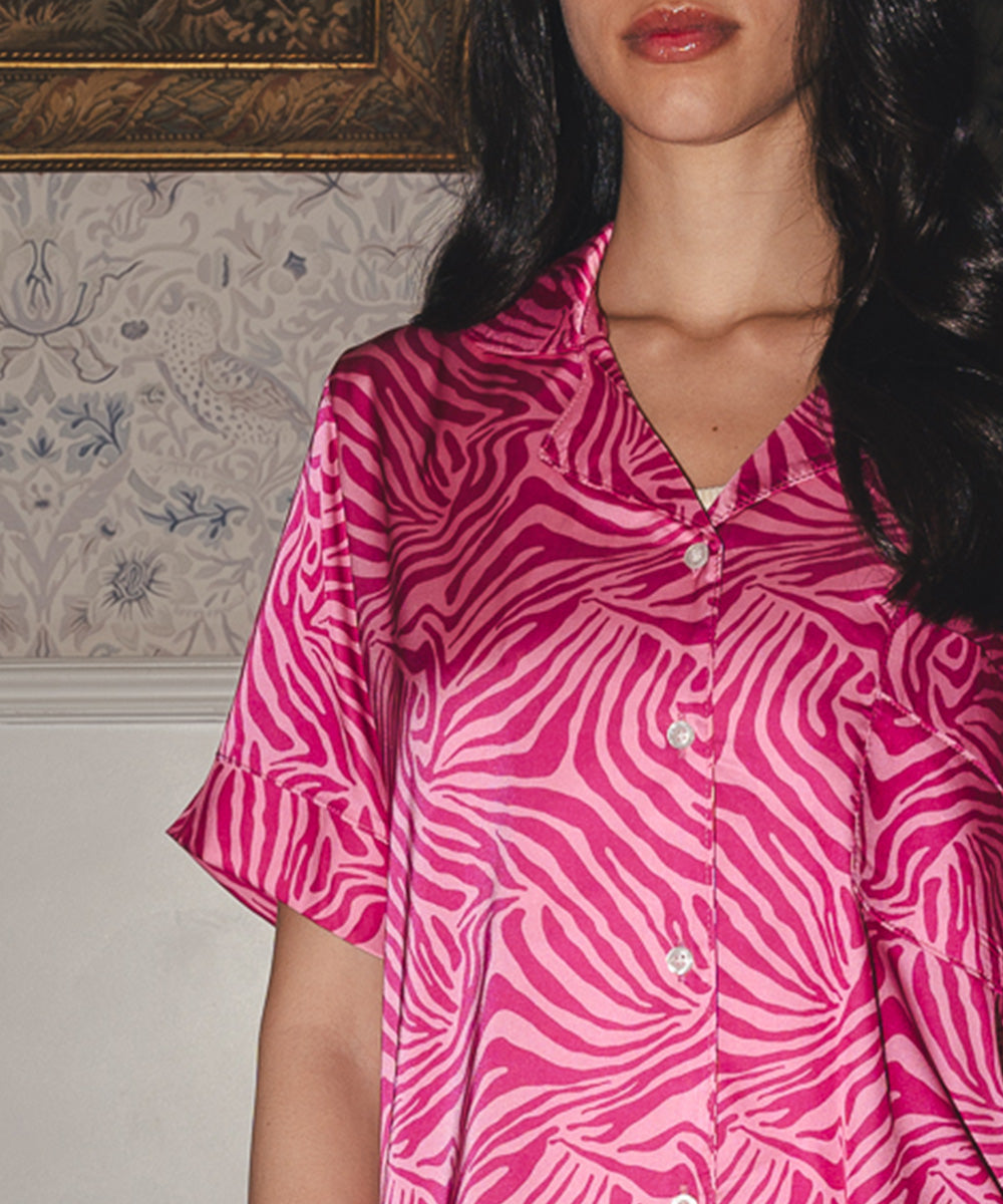 Pinky Zebra Satin PJ Pants Half-Sleeve