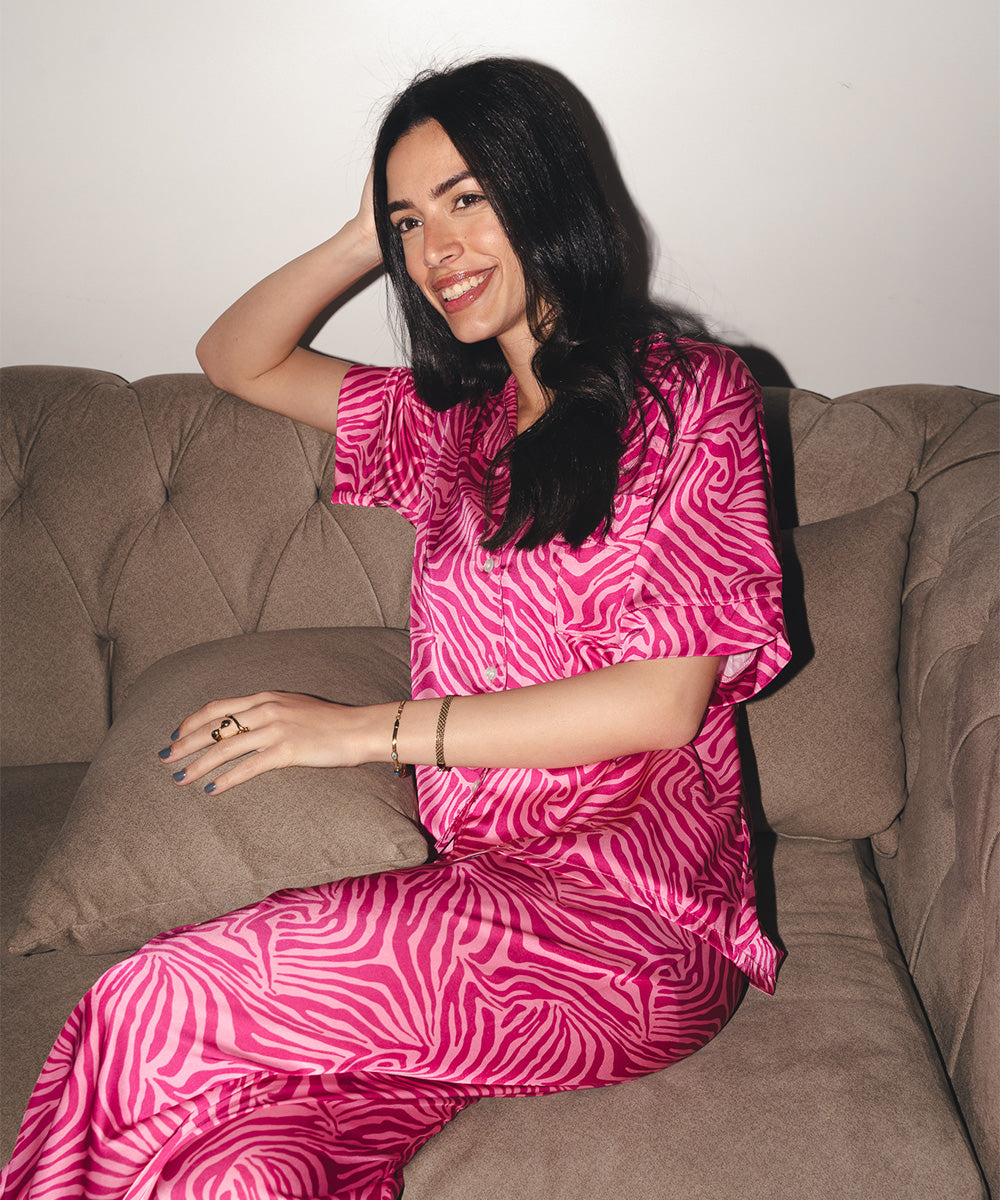 Pinky Zebra Satin PJ Pants Half-Sleeve