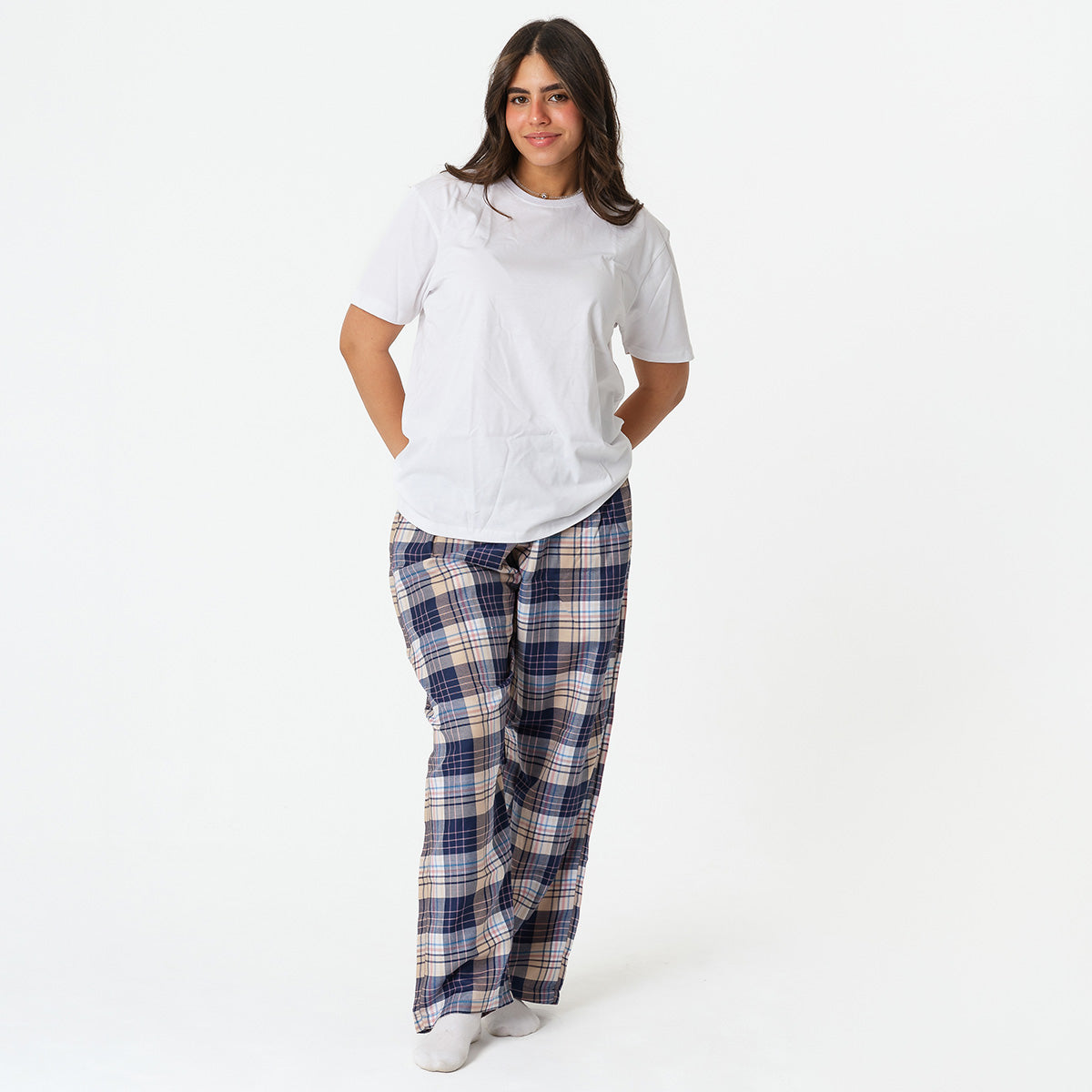 Navy Beige Plaid Pyjama Pants set Main image