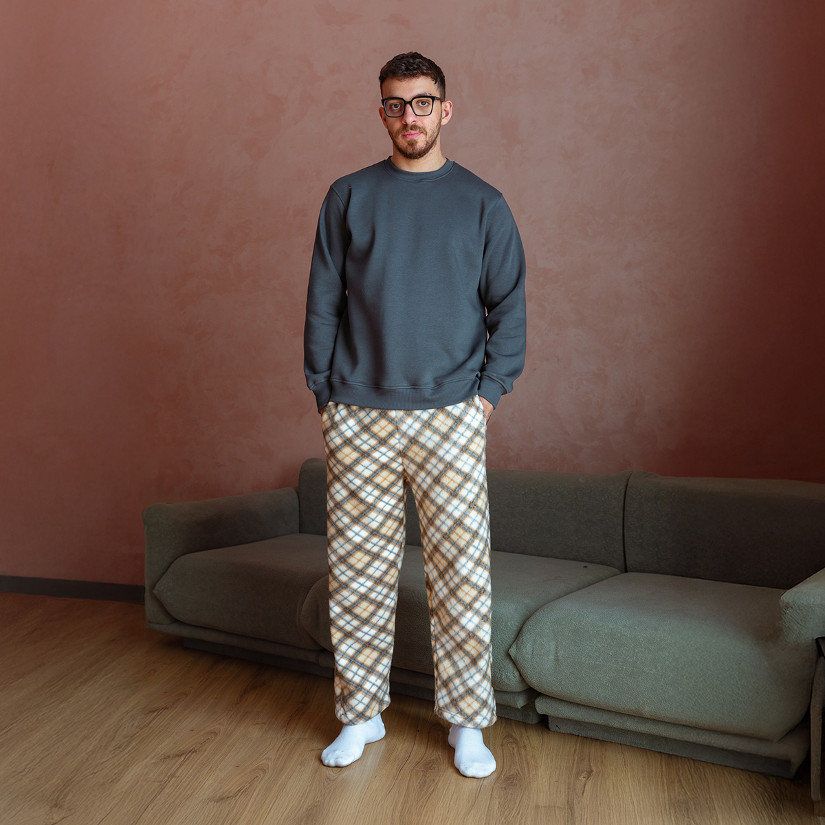 Beige Plaid Flannel Set