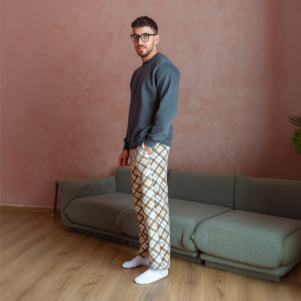 Beige Plaid Flannel Set