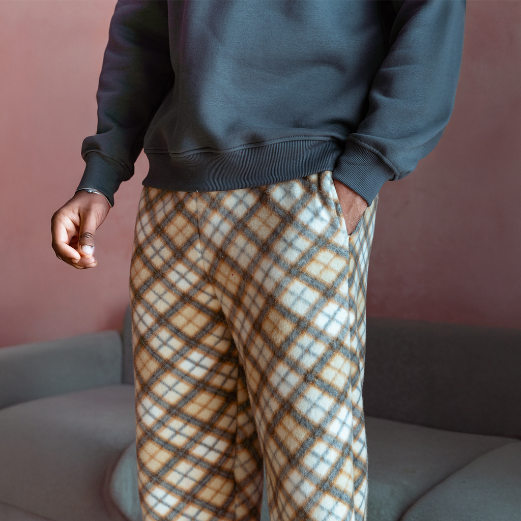 Beige Plaid Flannel Set
