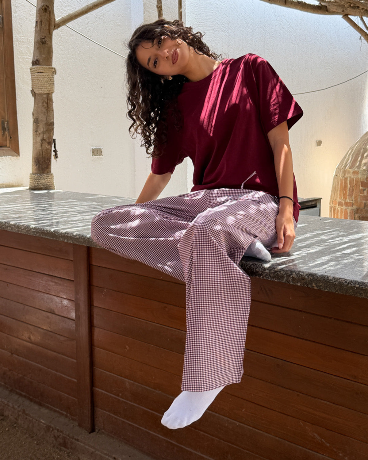 Checkered Pyjama Pants set - Burgundy