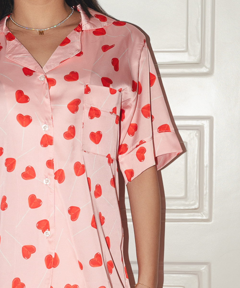 Heart Pop Satin PJ Pants Half-Sleeve