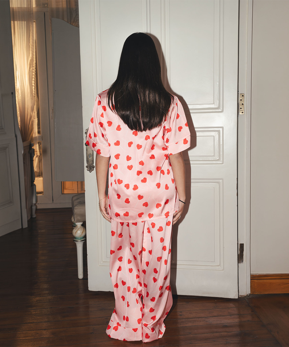 Heart Pop Satin PJ Pants Half-Sleeve