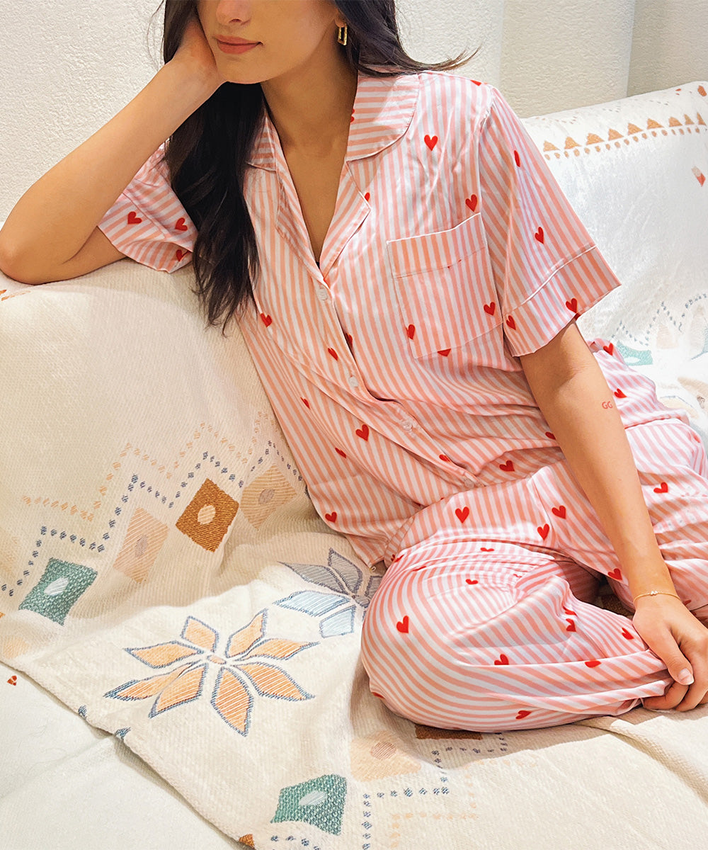 Red Hearts Satin PJ Pants Half-Sleeve