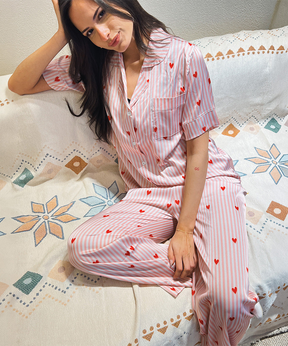 Red Hearts Satin PJ Pants Half-Sleeve