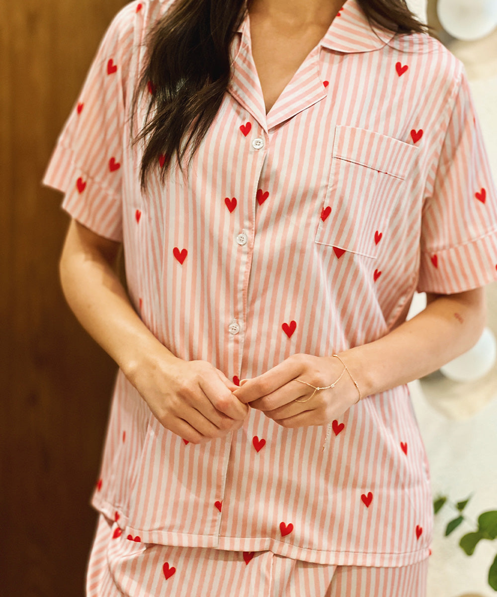 Red Hearts Satin PJ Pants Half-Sleeve