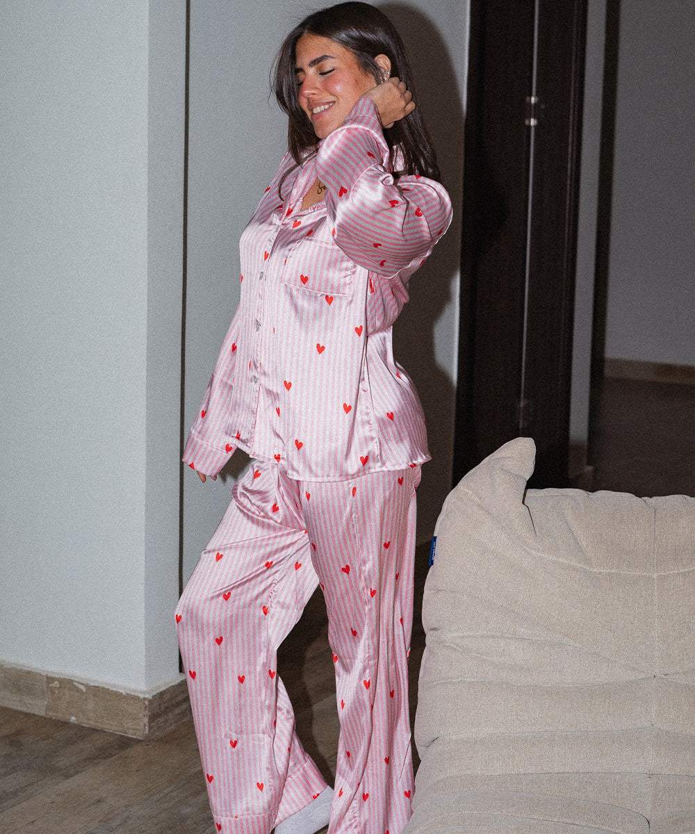 Red Hearts Satin Pyjama Set