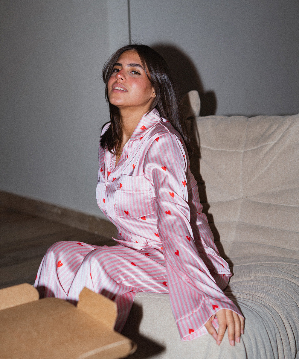 Red Hearts Satin Pyjama Set