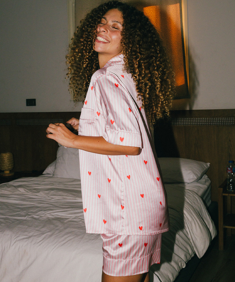 Red Hearts Satin Pyjama Short Set