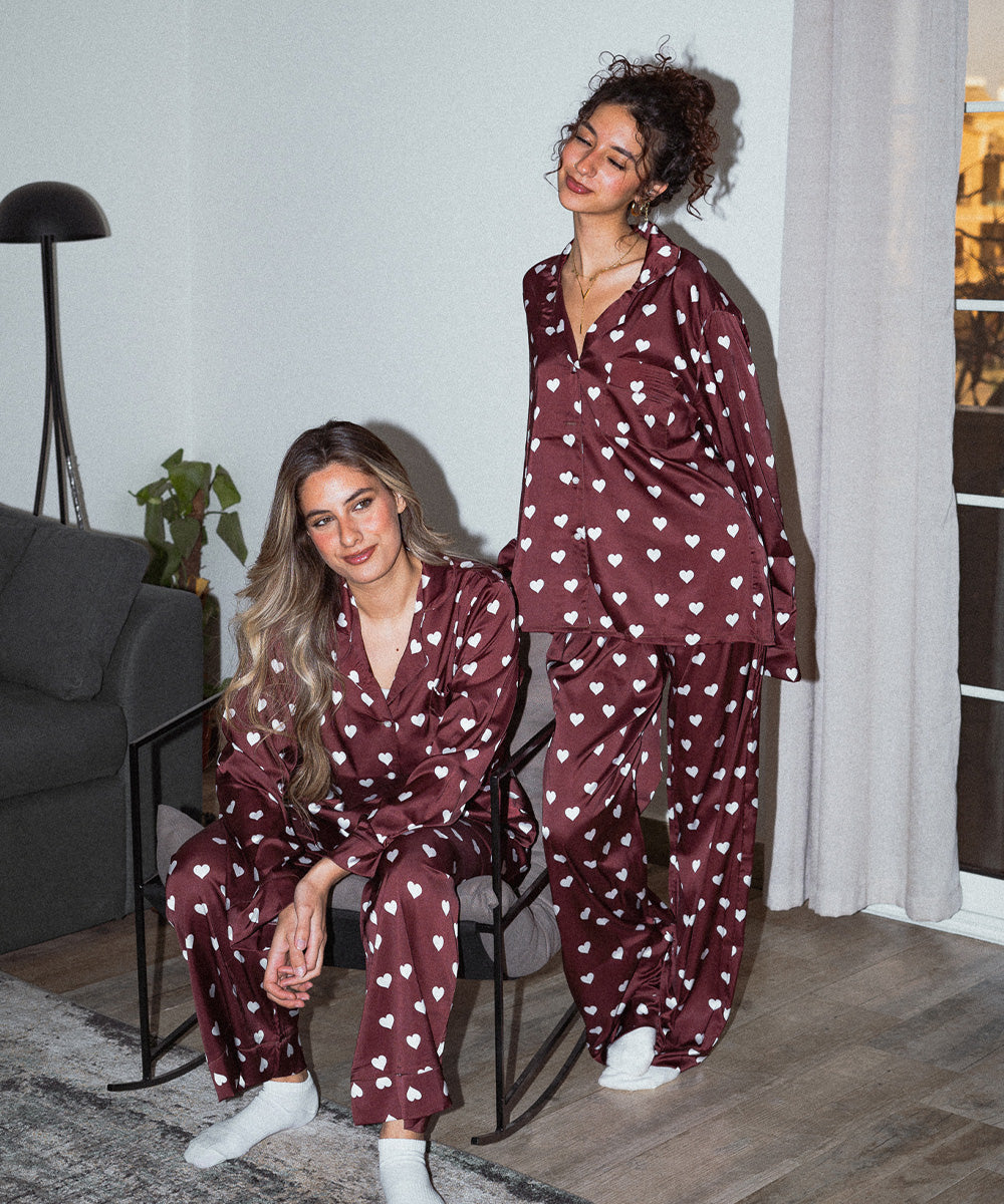White Hearts Satin Pyjama Set