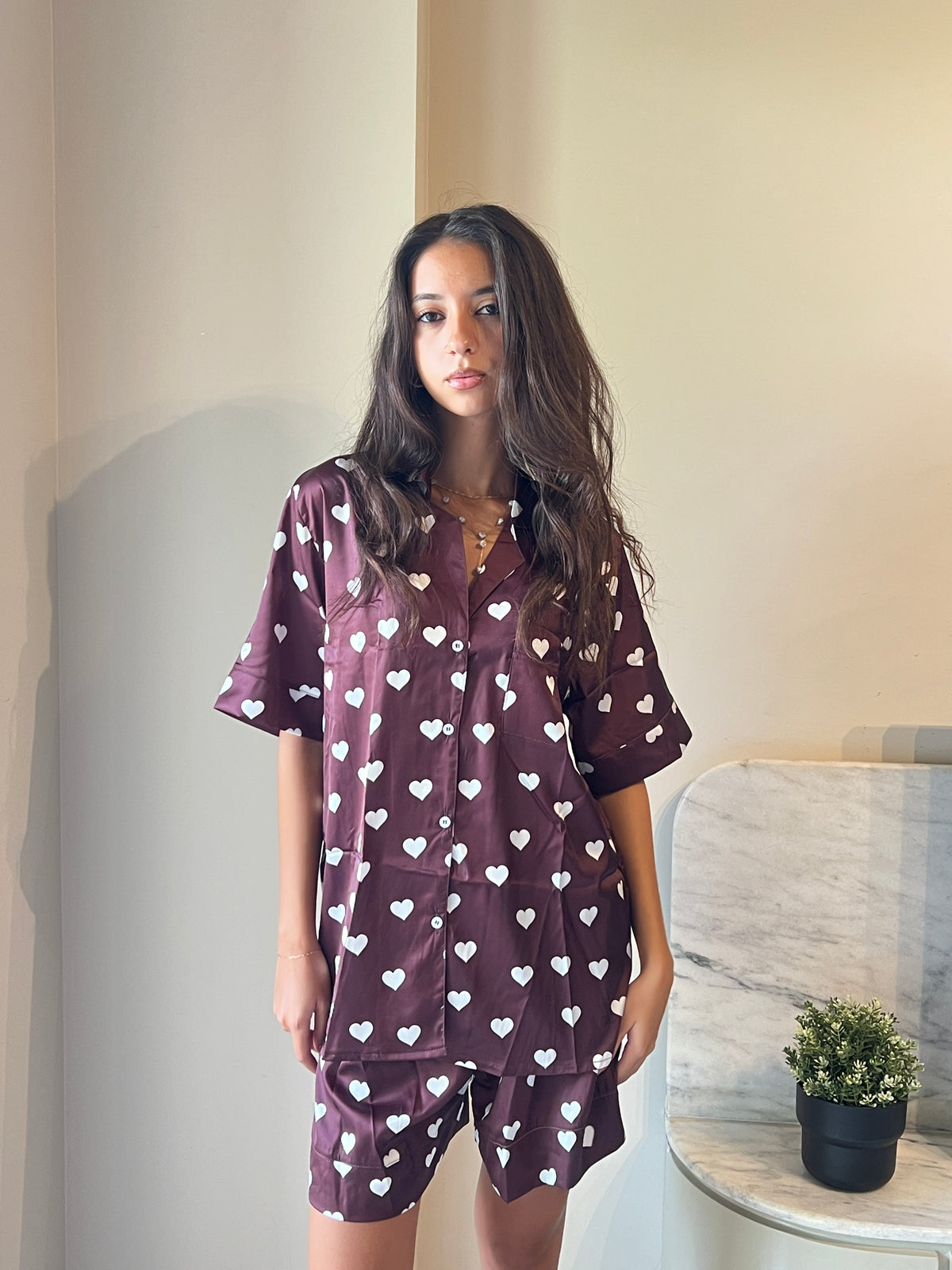 White hearts Satin Pyjama Short Set