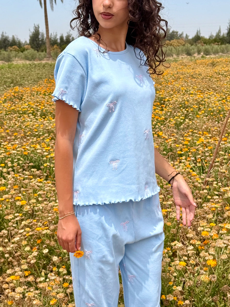 Bow Rib Lounge Set Baby Blue
